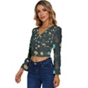 Flowers Leaves Pattern Seamless Green Background Long Sleeve V-Neck Top View2