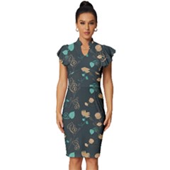 Flowers Leaves Pattern Seamless Green Background Vintage Frill Sleeve V-neck Bodycon Dress