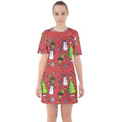 Santa Snowman Gift Holiday Christmas Cartoon Sixties Short Sleeve Mini Dress by Ravend