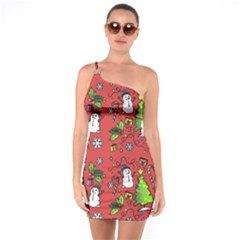 Santa Snowman Gift Holiday Christmas Cartoon One Shoulder Ring Trim Bodycon Dress by Ravend