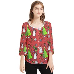 Santa Snowman Gift Holiday Christmas Cartoon Chiffon Quarter Sleeve Blouse by Ravend