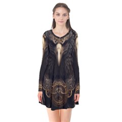 Eagle Ornate Pattern Feather Texture Long Sleeve V-neck Flare Dress by Ravend