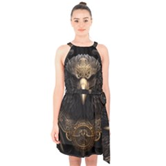 Eagle Ornate Pattern Feather Texture Halter Collar Waist Tie Chiffon Dress by Ravend