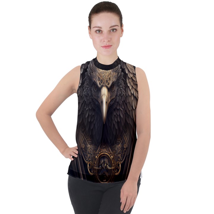 Eagle Ornate Pattern Feather Texture Mock Neck Chiffon Sleeveless Top