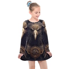 Eagle Ornate Pattern Feather Texture Kids  Long Sleeve Dress by Ravend