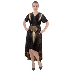 Eagle Ornate Pattern Feather Texture Front Wrap High Low Dress by Ravend