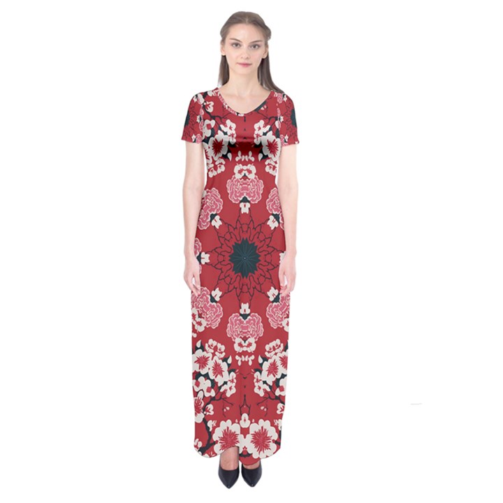 Traditional Cherry blossom  Short Sleeve Maxi Dress