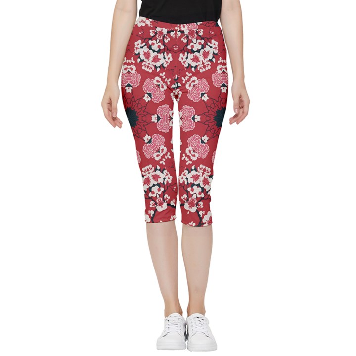 Traditional Cherry blossom  Inside Out Lightweight Velour Capri Leggings 