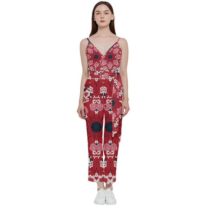 Traditional Cherry blossom  V-Neck Spaghetti Strap Tie Front Jumpsuit