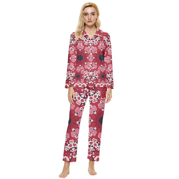 Traditional Cherry blossom  Womens  Long Sleeve Velvet Pocket Pajamas Set