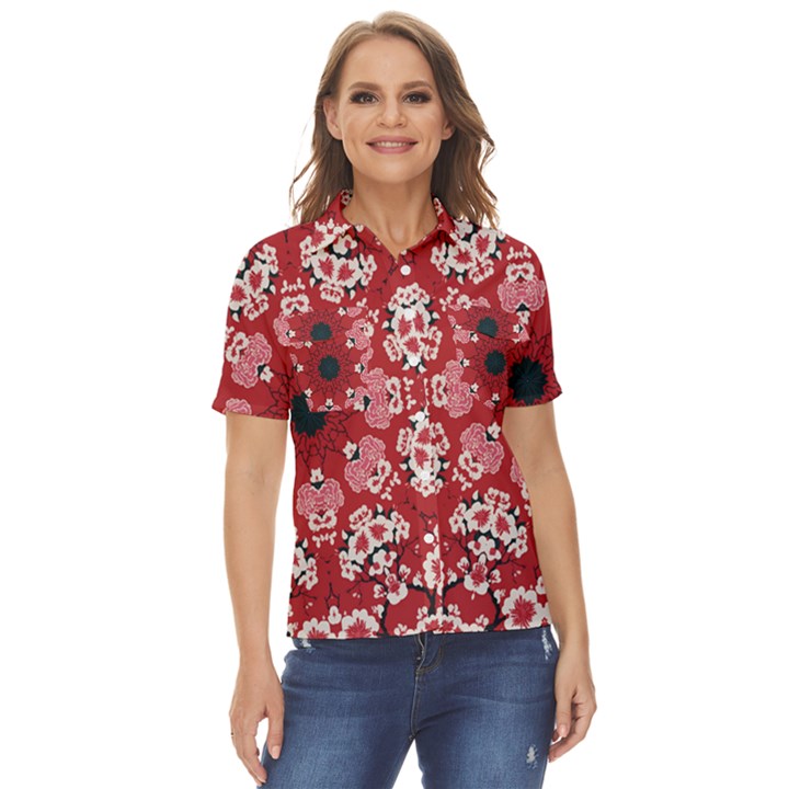 Traditional Cherry blossom  Women s Short Sleeve Double Pocket Shirt