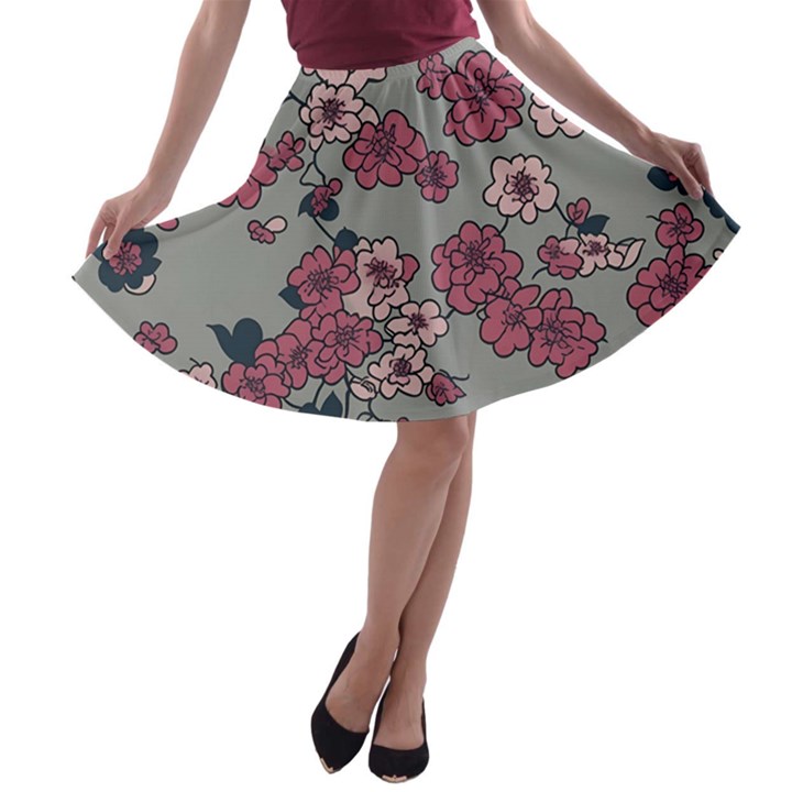 Traditional cherry blossom on a gray background A-line Skater Skirt