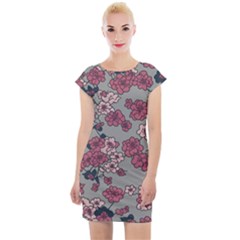 Traditional Cherry Blossom On A Gray Background Cap Sleeve Bodycon Dress