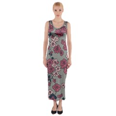 Traditional Cherry Blossom On A Gray Background Fitted Maxi Dress