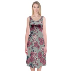 Traditional Cherry Blossom On A Gray Background Midi Sleeveless Dress