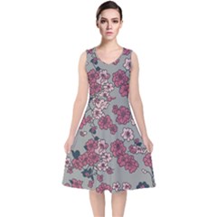 Traditional Cherry Blossom On A Gray Background V-neck Midi Sleeveless Dress 