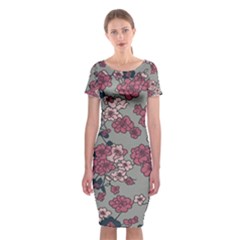 Traditional Cherry Blossom On A Gray Background Classic Short Sleeve Midi Dress