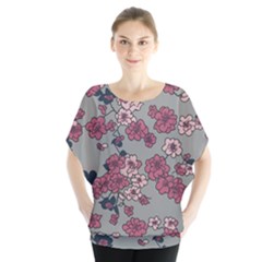 Traditional Cherry Blossom On A Gray Background Batwing Chiffon Blouse