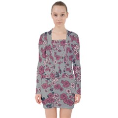 Traditional Cherry Blossom On A Gray Background V-neck Bodycon Long Sleeve Dress