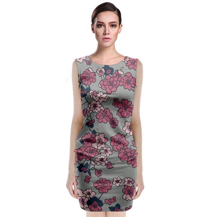 Traditional cherry blossom on a gray background Sleeveless Velvet Midi Dress