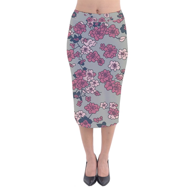 Traditional cherry blossom on a gray background Velvet Midi Pencil Skirt