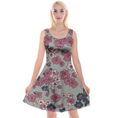 Traditional Cherry Blossom On A Gray Background Reversible Velvet Sleeveless Dress