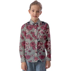 Traditional Cherry Blossom On A Gray Background Kids  Long Sleeve Shirt by Kiyoshi88