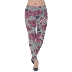 Traditional Cherry Blossom On A Gray Background Velvet Leggings by Kiyoshi88