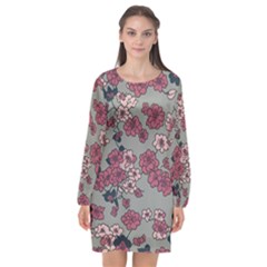 Traditional Cherry Blossom On A Gray Background Long Sleeve Chiffon Shift Dress 