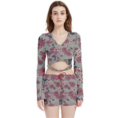 Traditional Cherry Blossom On A Gray Background Velvet Wrap Crop Top And Shorts Set