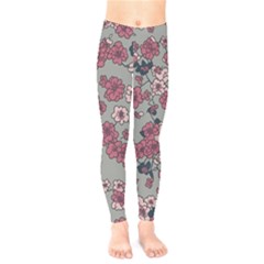 Traditional Cherry Blossom On A Gray Background Kids  Leggings by Kiyoshi88