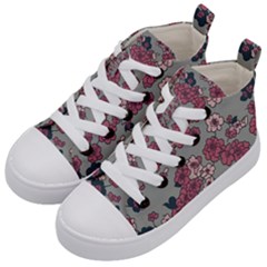 Traditional Cherry Blossom On A Gray Background Kids  Mid-top Canvas Sneakers