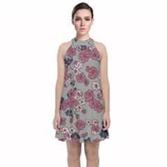 Traditional Cherry Blossom On A Gray Background Velvet Halter Neckline Dress 