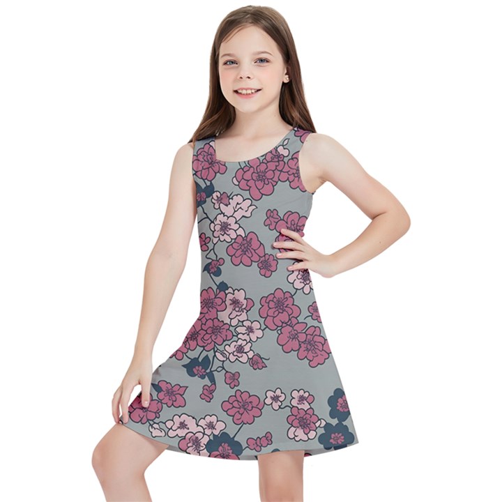 Traditional cherry blossom on a gray background Kids  Lightweight Sleeveless Dress