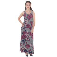 Traditional Cherry Blossom On A Gray Background Sleeveless Velour Maxi Dress