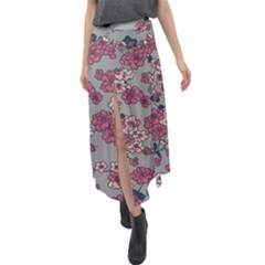 Traditional Cherry Blossom On A Gray Background Velour Split Maxi Skirt