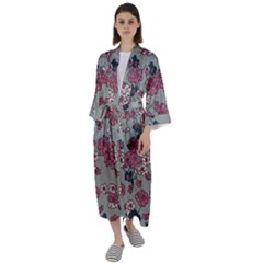 Traditional Cherry Blossom On A Gray Background Maxi Satin Kimono by Kiyoshi88