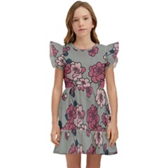 Traditional Cherry Blossom On A Gray Background Kids  Winged Sleeve Dress