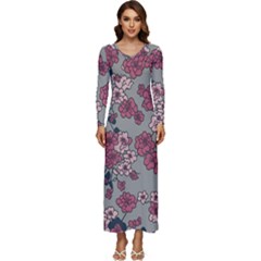 Traditional Cherry Blossom On A Gray Background Long Sleeve Longline Maxi Dress