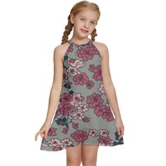 Traditional Cherry Blossom On A Gray Background Kids  Halter Collar Waist Tie Chiffon Dress