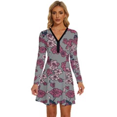 Traditional Cherry Blossom On A Gray Background Long Sleeve Deep V Mini Dress 