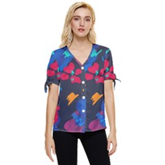 Patterns Rosebuds Bow Sleeve Button Up Top