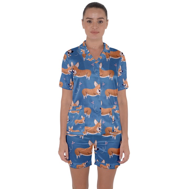 Corgi Patterns Satin Short Sleeve Pajamas Set