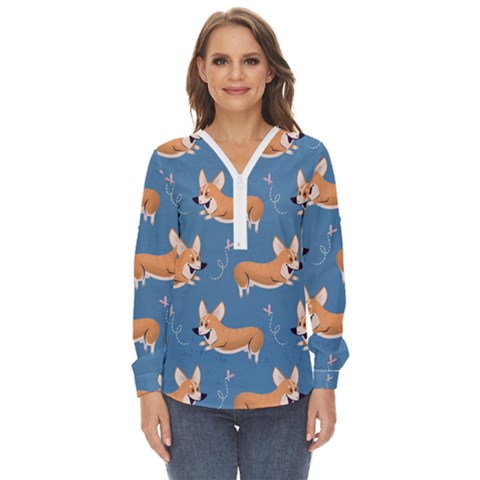 Corgi Patterns Zip Up Long Sleeve Blouse by Salman4z