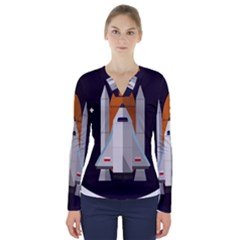 Rocket Space Universe Spaceship V-neck Long Sleeve Top by Salman4z