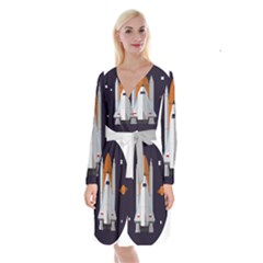 Rocket Space Universe Spaceship Long Sleeve Velvet Front Wrap Dress by Salman4z