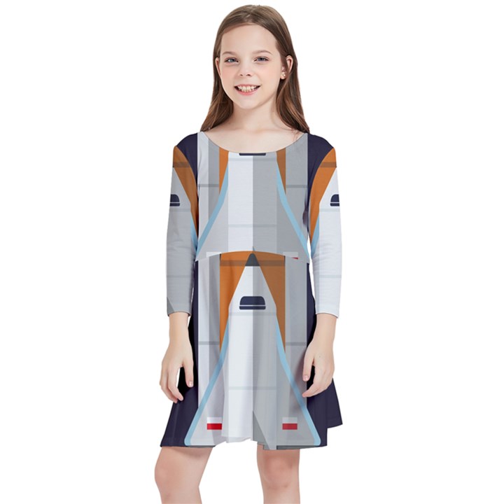 Rocket Space Universe Spaceship Kids  Quarter Sleeve Skater Dress