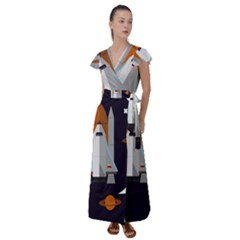 Rocket Space Universe Spaceship Flutter Sleeve Maxi Dress by Salman4z