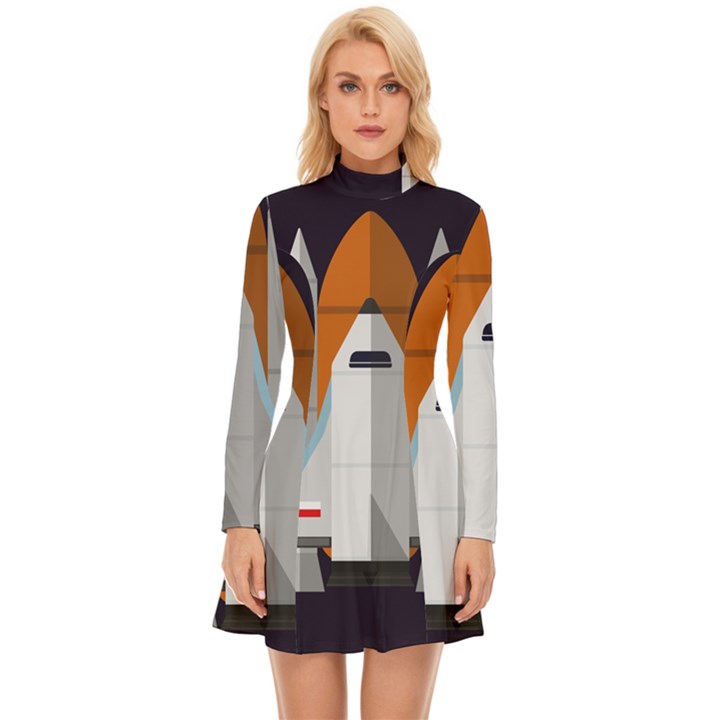 Rocket Space Universe Spaceship Long Sleeve Velour Longline Dress