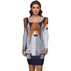 Rocket Space Universe Spaceship Women Long Sleeve Ruched Stretch Jersey Dress by Salman4z